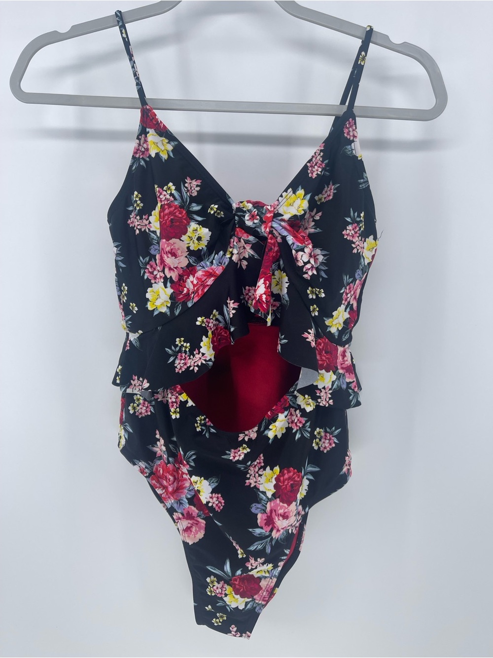 Decree Black Floral Ruffle One-Piece Swimsuit with Pink & Yellow Flowers